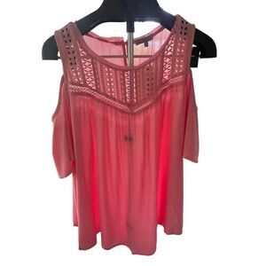 Democracy Blouse Women’s Top Size L Sheer Lace Top Pink Button Back